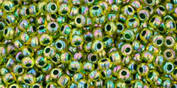 TOHO Round 11/0 Tube 5.5" : Inside-Color Rainbow Jonquil/Forest Green-Lined